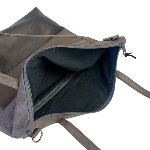 Innenansicht Shopper Handtasche Schultertasche Leder Faserstoff Grautöne mit Reißverschluss | Fair und Nachhaltig