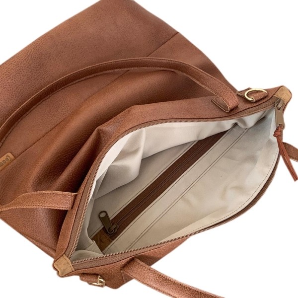Lederfaserstoff Shopper Braun | Cognac Innenansicht auf weißem Hintergrund